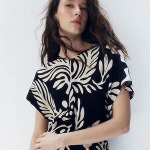 H&M Black and Cream Leaf Print Midi Dress